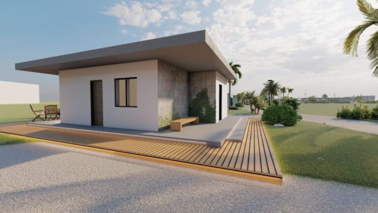 Casa de entramado de madera de una planta con cubierta plana