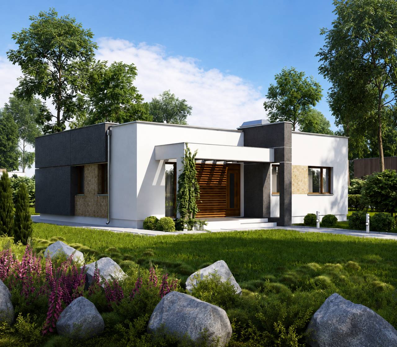 Casa Unifamiliar Prefabricada con Techo Plano y Estilo Moderno