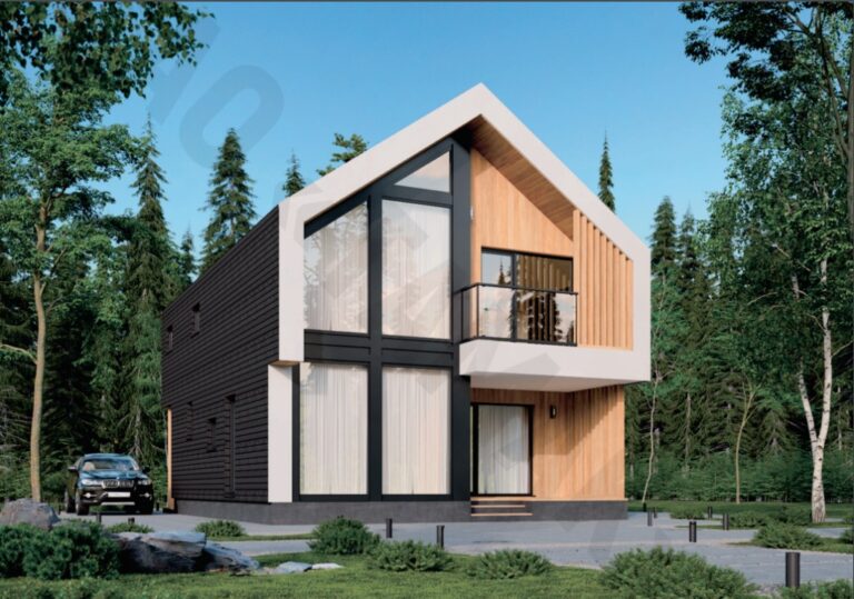 Vivienda de madera de dos plantas con tejado a dos aguas corrido