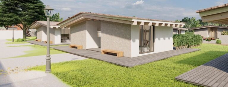 Casas pareadas prefabricadas en madera con tejado a dos aguas y una planta